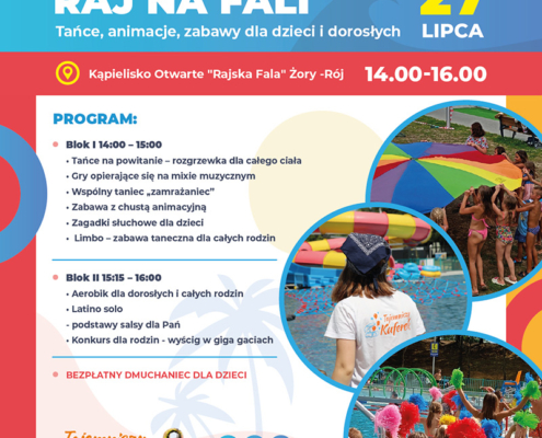 na plakacie widać zapowiedź animacji i sportowych aktywności na kąpielisku, logo i zdjęcia dzieci podczas zabawy