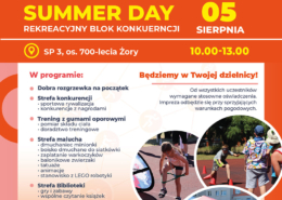na kolorowym plakacie informacje o wydarzeniu, logo i zdjęcie dziewczynki toczącej dmuchaną piłkę na trawie