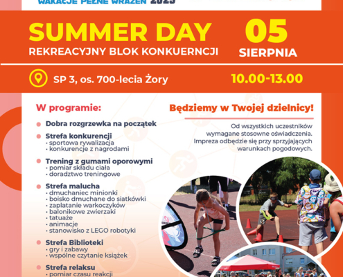 na kolorowym plakacie informacje o wydarzeniu, logo i zdjęcie dziewczynki toczącej dmuchaną piłkę na trawie