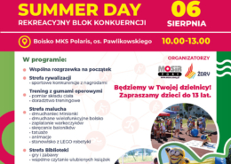 na kolorowym plakacie informacje o wydarzeniu, logo i zdjęcie dziewczynki toczącej dmuchaną piłkę na trawie