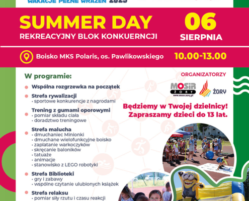 na kolorowym plakacie informacje o wydarzeniu, logo i zdjęcie dziewczynki toczącej dmuchaną piłkę na trawie