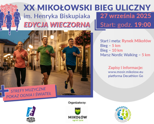 na grafice zapowiedź biegu ulicznego, zdjęcie trzech biegaczy biegnących w porze wieczornej, na dole logo