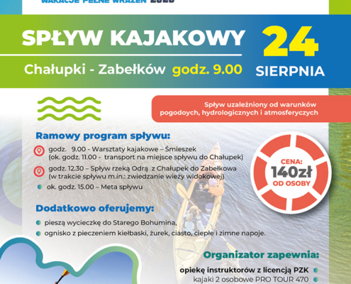 na plakacie zdjęcie kajakarzy na wodzie, informacje o spływie oraz logo