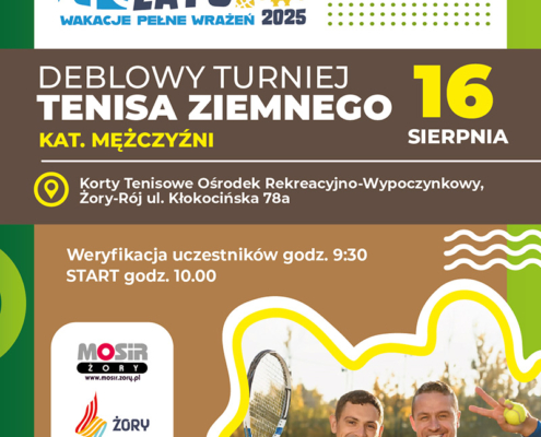 na plakacie informacje u turnieju tenisa ziemnego, logo i zdjęcie dwóch mężczyzn z rakietami na korcie