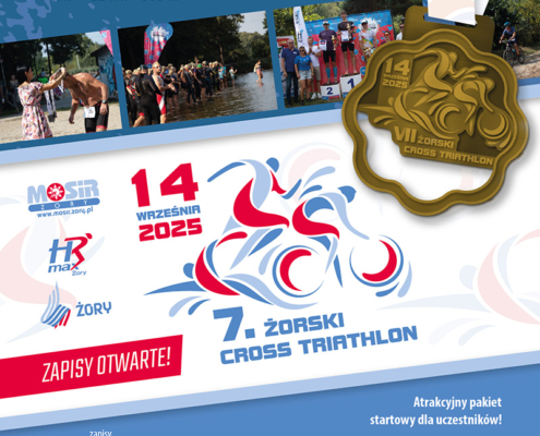 na plakacie projekt złotego medalu, zdjęcia triathlonu na Śmieszku oraz informacje o tegorocznej rywalizacji