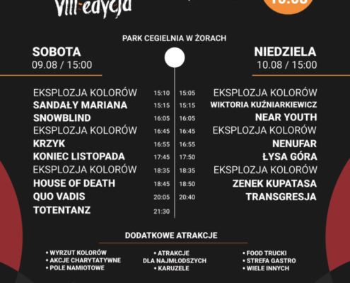 na czarnym plakacie logo i informacje na temat Przystanku Żory Camp & Music