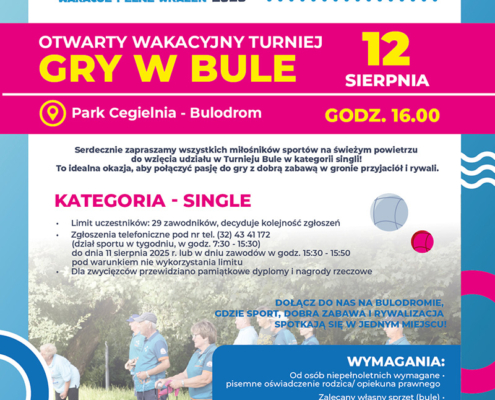 na plakacie informacja o turnieju gry w bule, logo i zdjęcie grających na bulodromie żorskim