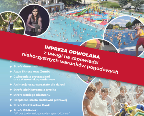 Plakat przedstawia kolorowe zdjęcia z kąpieliska i wakacyjnych atrakcji, takich jak baseny, zjeżdżalnie, zabawy w wodzie, dmuchańce oraz zajęcia sportowe dla całych rodzin.