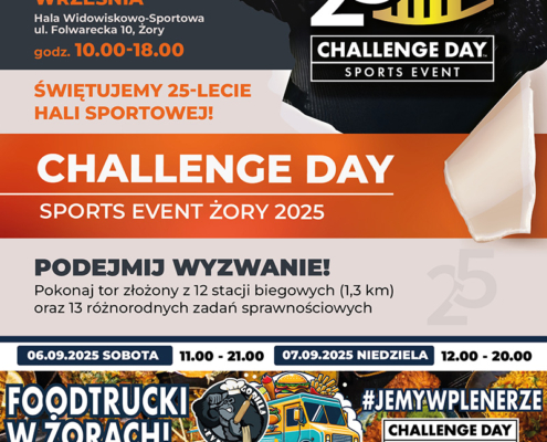 na plakacie informacje o atrakcjach wydarzenia, zdjęcie ćwiczącej kobiety w siłowni i logo