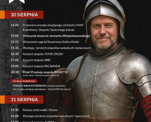 na plakacie informacje o jarmarku władysławowskim na czarnym tle oraz zdjęcie mężczyzny w stroju rycerskim