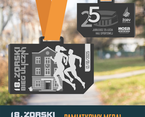 na grafice wizualizacja medalu z obu stron z pomarańczową wstążką, w tle zdjęcie jesiennego parku, na dole napis pamiątkowy medal