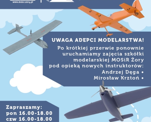 na grafice ilustracje samolotów na tle nieba i informacje o zajęciach szkółki modelarskiej