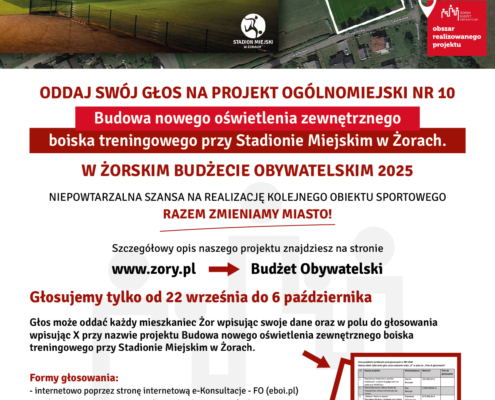 na grafice dwa zdjęcia boiska w nocy, informacje o projekcie ogólnomiejskim i loga
