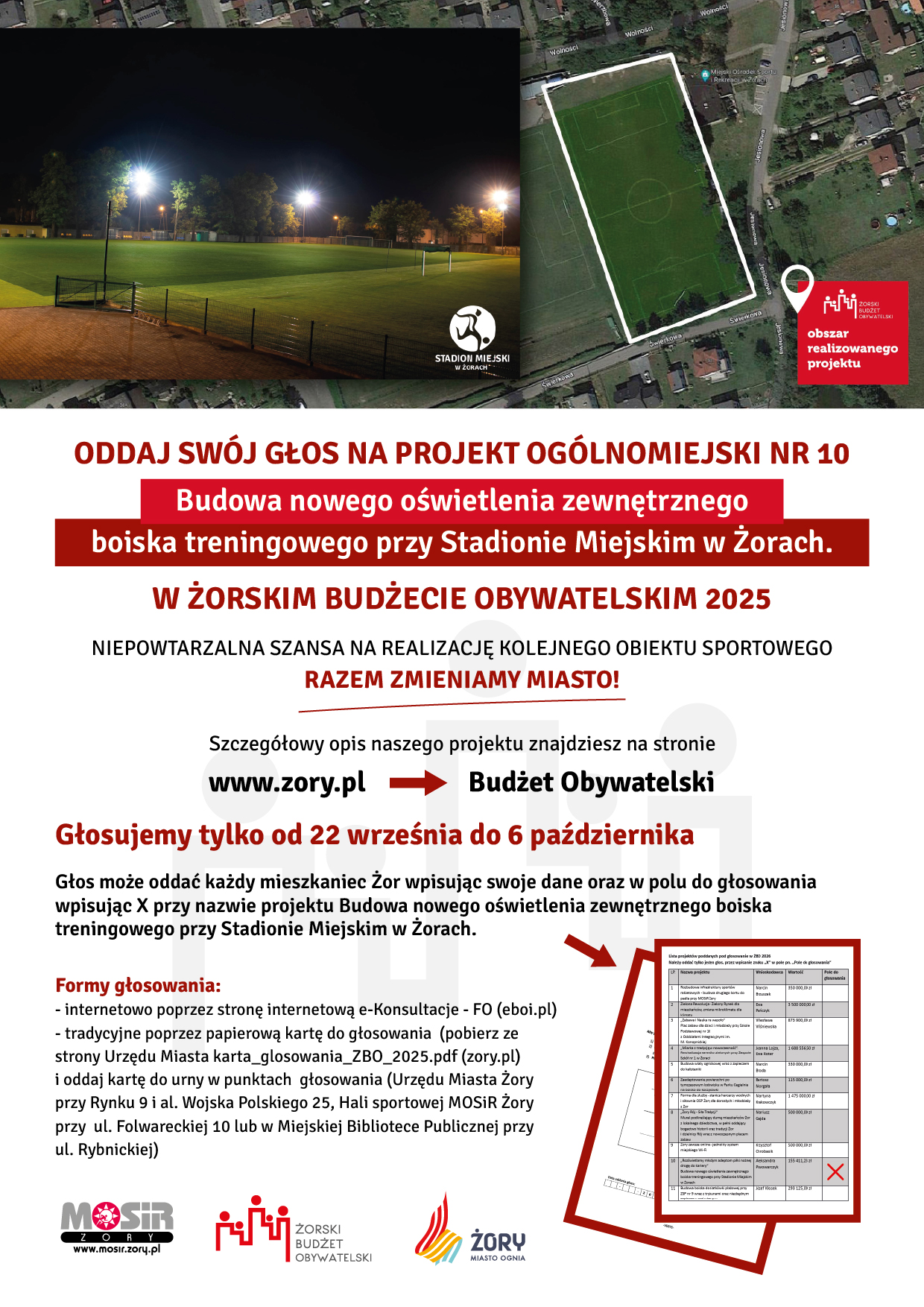na grafice dwa zdjęcia boiska w nocy, informacje o projekcie ogólnomiejskim i loga