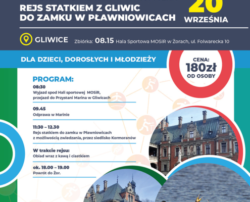 Plakat zaprasza na wycieczkę rekreacyjno-turystyczną w ramach Akcji Lato 2025 – rejs statkiem z Gliwic do zamku w Pławniowicach 20 września, z programem obejmującym zwiedzanie i posiłek w trakcie podróży.