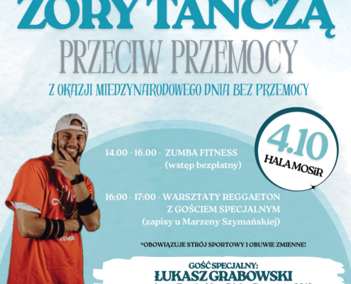 na niebieskim plakacie ilustracje motyli, informacje o wydarzeniu i zdjęcie tancerza