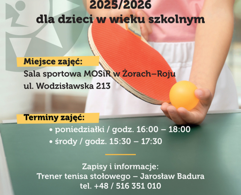 na plakacie informacje o szkółce tenisa stołowego, logo i zdjęcie dziewczynki z rakietką przed stołem