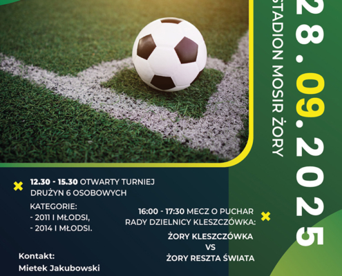 na plakacie informacje o sportowym wydarzeniu, zdjęcie piłki na murawie i logo