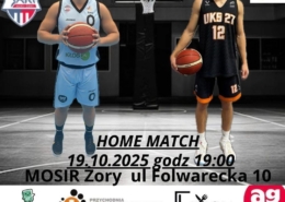 na grafice loga, zdjęcie dwóch koszykarzy na tle boiska i informacje