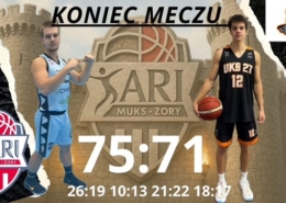 na grafice zdjęcie dwóch koszykarzy, loga i wygenerowane logo na tle zamku