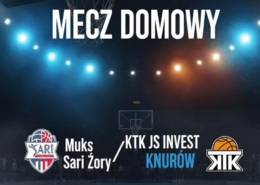 na grafice ciemne zdjęcie boiska do koszykówki, loga i informacje o meczu