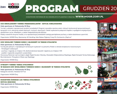 na grafice program wydarzeń sportowych na grudzień, zdjęcia z aktywności w hali sportowej, akcenty świąteczne i loga