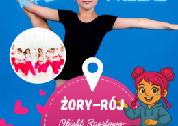 na niebieskim plakacie dziewczyna w pozie tanecznej, ikonki i informacje o zajęciach