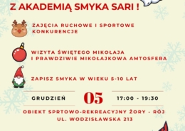 na plakacie w klimacie świątecznym lustracja biegnącego mikołaja, loga i informacje o turnieju