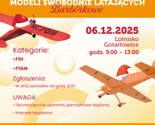 na grafice na pomarańczowym tle informacje o zawodach modeli i ilustracje samolotów w czapkach