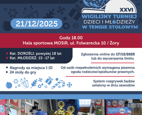 na plakacie w klimacie świątecznym zdjęcia turnieju tenisa z poprzedniej edycji, zapowiedź turnieju i loga oraz akcenty świąyeczne