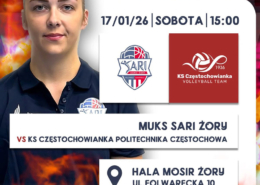 na plakacie zdjęcie zawodniczki, loga i zapowiedź meczu