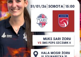 Grafika meczowa zapowiadająca spotkanie siatkarskie, z wizerunkiem zawodniczki, logotypami drużyn, dynamicznym tłem z efektami ognia oraz informacją o terminie i hali sportowej w Żorach.