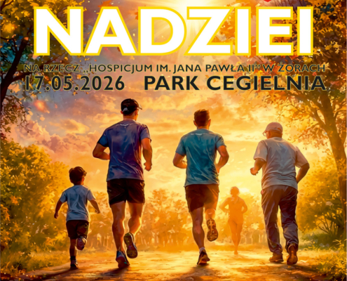 Plakat zapowiadający charytatywny bieg w parku, z sylwetkami biegaczy w ciepłym, jesiennym świetle, informacją o majowym terminie, lokalizacji w Żorach oraz celu wsparcia lokalnego hospicjum.