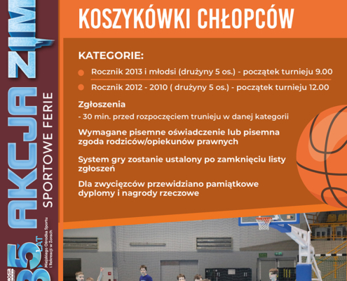 Plakat zapowiadający otwarty turniej koszykówki chłopców, z informacją o lutowym terminie, godzinach i kategoriach wiekowych oraz zdjęciem młodych zawodników grających w hali sportowej w Żorach.