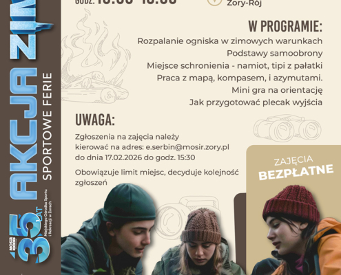 Plakat promujący zimowe zajęcia survivalowe, z wizerunkiem młodych osób uczących się rozpalania ognia w terenie, informacją o lutowym terminie, miejscu w Żorach oraz edukacyjnym charakterze wydarzenia.