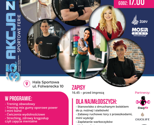 Plakat promujący wydarzenie sportowo-rekreacyjne „Aktywny Poniedziałek”, z wizerunkami instruktorów fitness, informacją o lutowym terminie, miejscu w Żorach oraz bogatym programie aktywności dla dorosłych i dzieci.