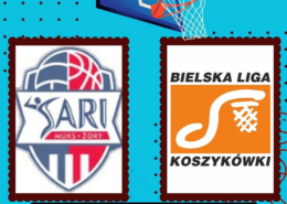 Dynamiczna grafika meczowa w turkusowo-czerwonej kolorystyce z napisem „Koniec meczu”, prezentująca wynik spotkania Bielskiej Ligi Koszykówki: MUKS SARI Żory II vs LA 2028 – 99:79 wraz z wynikami kwart.