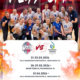 Plakat w dynamicznej, ognistej stylistyce z napisem „PLAY-OFF”, przedstawiający drużynę siatkarek oraz informacje o meczach MUKS SARI Żory vs MKS Chełmiec Wałbrzych wraz z terminami i lokalizacjami spotkań.
