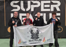 Zestaw zdjęć z gali sportów walki, przedstawiających walki w ringu i klatce MMA, dekoracje zwycięzców oraz uczestników pozujących z medalami i pucharami.