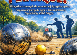 Plakat w sportowej, plenerowej stylistyce z dużym napisem „Pétanque!”, przedstawiający kule do gry i sylwetki graczy oraz informujący o otwartych treningach Żorskiej Ligi Petanque odbywających się w każdy czwartek w Parku Cegielnia.