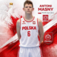 Plakat w biało-czerwonej stylistyce przedstawiający młodego koszykarza w stroju reprezentacji Polski z informacją o powołaniu Antoniego Masnego do szerokiej kadry Polski U14.
