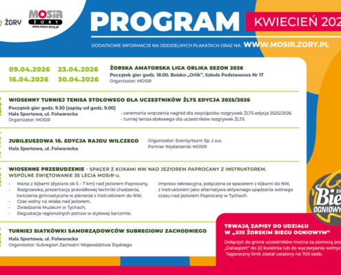Plakat informacyjny „Program – kwiecień 2026” MOSiR Żory, prezentujący harmonogram wydarzeń sportowo-rekreacyjnych wraz z datami, opisami oraz informacją o zapisach na XIII Żorski Bieg Ogniowy.