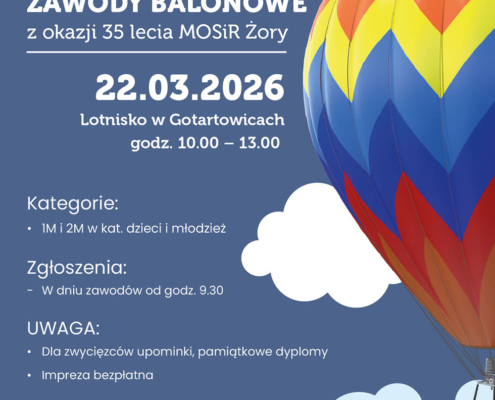 Plakat w niebieskiej kolorystyce z białymi chmurami i dużą ilustracją kolorowego balonu na gorące powietrze, informujący o zawodach balonowych z okazji 35-lecia MOSiR Żory