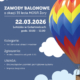 Plakat w niebieskiej kolorystyce z białymi chmurami i dużą ilustracją kolorowego balonu na gorące powietrze, informujący o zawodach balonowych z okazji 35-lecia MOSiR Żory