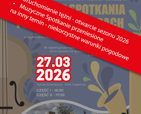 Plakat w niebiesko-żółtej stylistyce z ilustracjami instrumentów (klawisze, skrzypce, saksofon) i zdjęciem tężni solankowej, przekreślony ukośnym czerwonym paskiem z informacją o przełożeniu wydarzenia z powodu niekorzystnych warunków pogodowych.