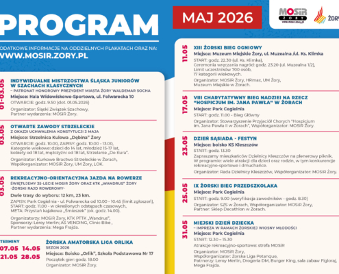 Plakat przedstawia program wydarzeń MOSiR Żory na maj 2026 roku – zawiera zestawienie imprez sportowych i rekreacyjnych wraz z datami, miejscami oraz krótkimi opisami.