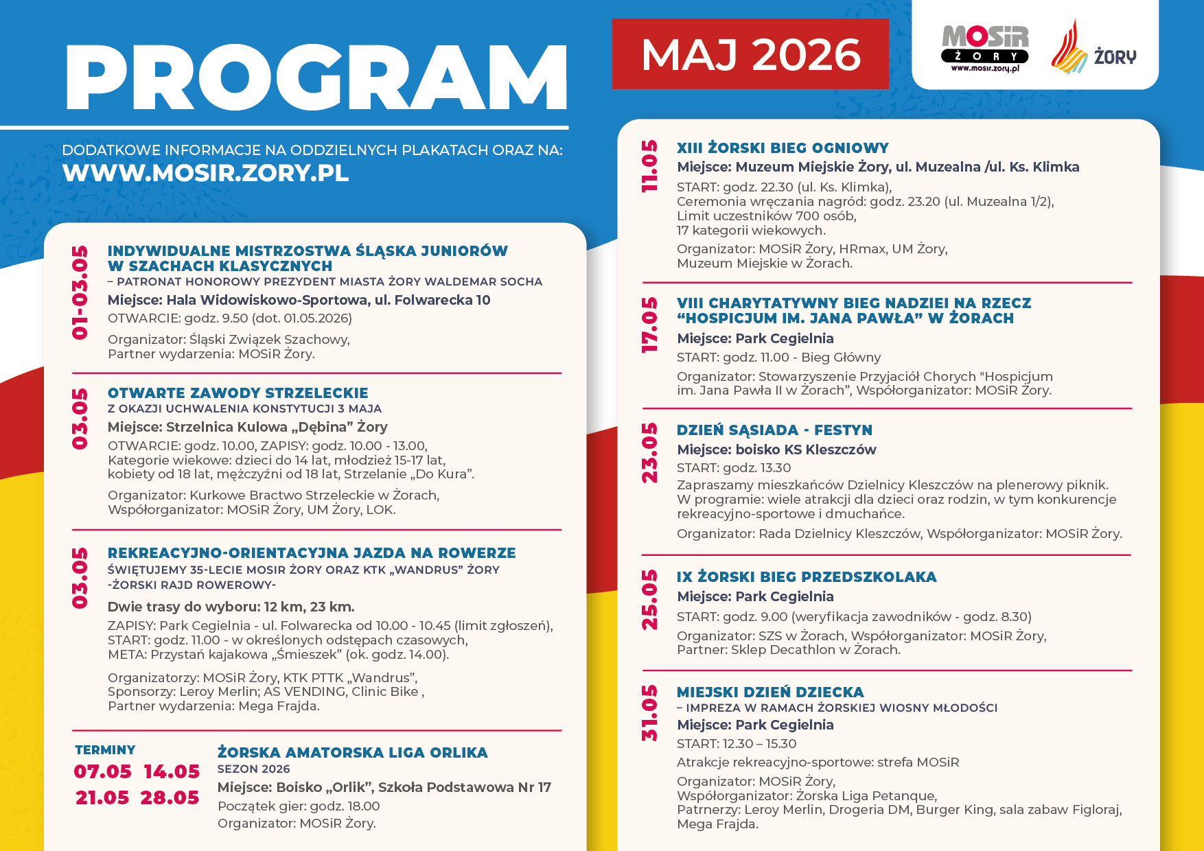 Plakat przedstawia program wydarzeń MOSiR Żory na maj 2026 roku – zawiera zestawienie imprez sportowych i rekreacyjnych wraz z datami, miejscami oraz krótkimi opisami.