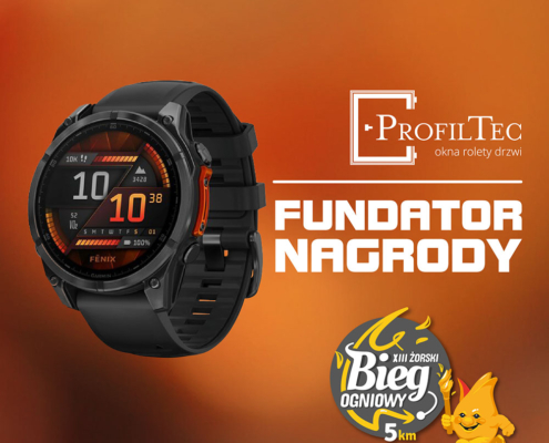 Grafika prezentuje nagrodę w postaci sportowego zegarka, ufundowaną przez firmę ProfilTec, przeznaczoną dla uczestników XIII Żorskiego Biegu Ogniowego na dystansie 5 km.