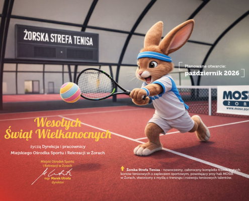 Grafika wielkanocna MOSiR Żory przedstawiająca animowaną postać zająca grającego w tenisa wraz z życzeniami świątecznymi.