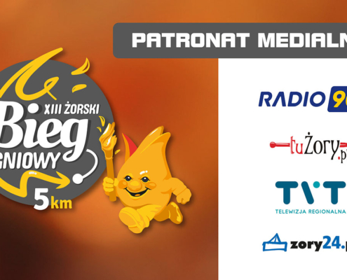 Grafika prezentująca patronów medialnych XIII Żorskiego Biegu Ogniowego, wraz z logotypami lokalnych mediów.